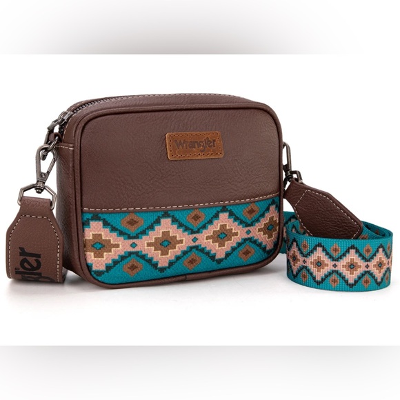 Wrangler Aztec Guitar print strap & accents, vegan leather,1 compartment,zip top - Picture 1 of 12